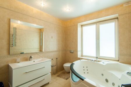 Russia, Moscow- June 17, 2018: interior room apartment. standard repair decoration in hostel. bathroom and toiletのeditorial素材