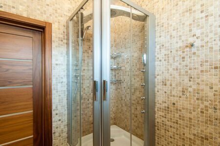 Russia, Moscow- June 17, 2018: interior room apartment. standard repair decoration in hostel. bathroom and toiletのeditorial素材