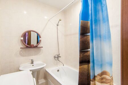 Russia, Moscow- May 05, 2018: interior room apartment. standard repair decoration in hostel. bathroom and toiletのeditorial素材