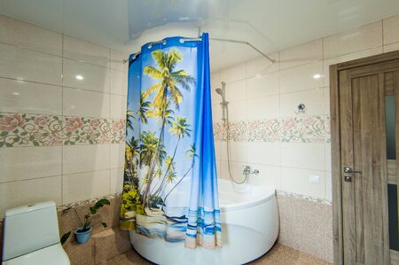 Russia, Moscow- June 26, 2018: interior room apartment. standard repair decoration in hostel. bathroom, sink, decoration elements, toiletのeditorial素材