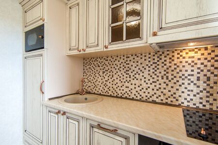 Russia, Moscow- June 25, 2018: interior room apartment. standard repair decoration in hostel. kitchen and dining roomのeditorial素材