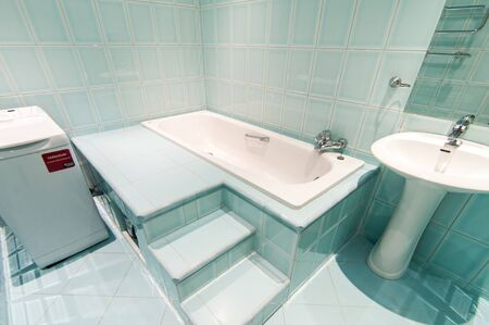 Russia, Moscow- May 12, 2018: interior room apartment. standard repair decoration in hostel. bathroom and toiletのeditorial素材