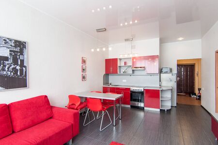 Russia, Moscow- May 16, 2019: interior room apartment. standard repair decoration in hostel. kitchen and dining roomのeditorial素材