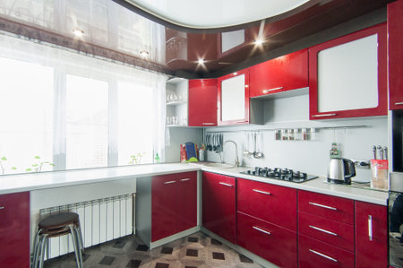 Russia, Moscow- May 17, 2019: interior room apartment. standard repair decoration in hostel. kitchen and dining roomのeditorial素材