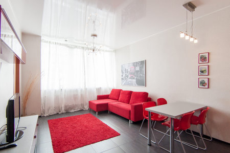 Russia, Moscow- May 16, 2019: interior room apartment. standard repair decoration in hostel. kitchen and dining roomのeditorial素材