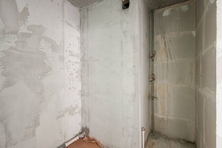 Russia, Moscow- May 21, 2019: interior room apartment. standard repair decoration. rough repair for self-finishing. finishing stage of constructionのeditorial素材
