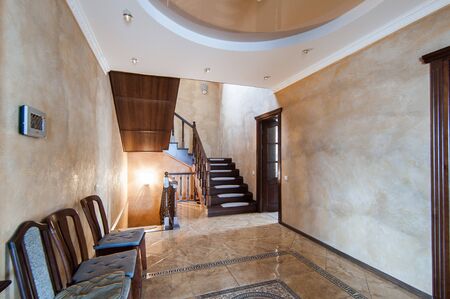 Russia, Moscow- May 21, 2019: interior room apartment. standard repair decoration in hostel. townhouse. stairs, stepsのeditorial素材