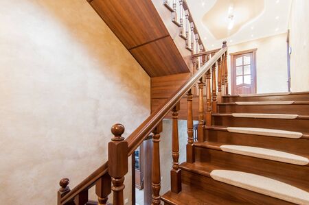 Russia, Moscow- May 21, 2019: interior room apartment. standard repair decoration in hostel. townhouse. stairs, stepsのeditorial素材