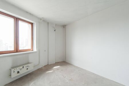 Russia, Moscow- May 21, 2019: interior room apartment. standard repair decoration. rough repair for self-finishing. finishing stage of constructionのeditorial素材