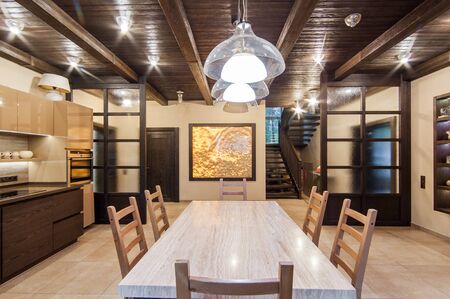 Russia, Moscow- May 29, 2019: interior room apartment. standard repair decoration in hostel. kitchen and dining roomのeditorial素材