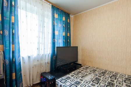 Russia, Moscow- June 06, 2019: interior room apartment. standard repair decoration in hostelのeditorial素材