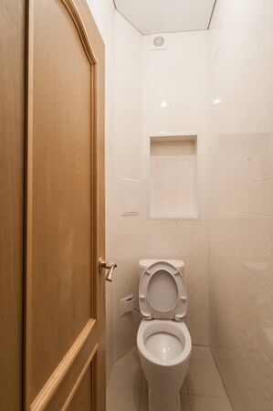 Russia, Moscow- May 29, 2019: interior room apartment. standard repair decoration in hostel. bathroom and toiletのeditorial素材
