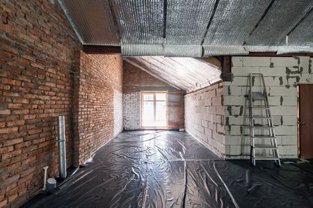 Russia, Moscow- June 11, 2019: interior room apartment. standard repair decoration in hostel. rough repair for self-finishing. finishing stage of constructionのeditorial素材