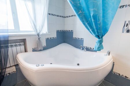 Russia, Moscow- June 10, 2019: interior room apartment. standard repair decoration in hostel. bathroom and toiletのeditorial素材