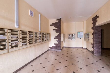 Russia, Moscow- June 11, 2019: interior room apartment. standard repair decoration in hostel. public place, staircaseのeditorial素材