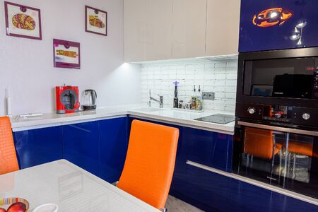 Russia, Moscow- June 10, 2019: interior room apartment. standard repair decoration in hostel. kitchen and dining roomのeditorial素材