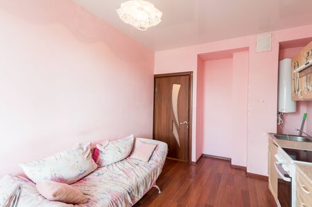 Russia, Moscow- June 10, 2019: interior room apartment. standard repair decoration in hostel. kitchen and dining roomのeditorial素材