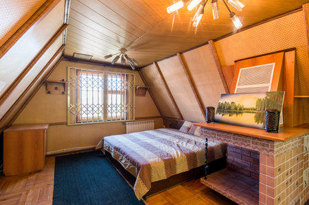 Russia, Moscow- June 11, 2019: interior room apartment. standard repair decoration in hostel. wooden country houseのeditorial素材