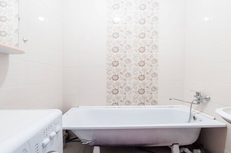 Russia, Moscow- June 11, 2019: interior room apartment. standard repair decoration in hostel. bathroom and toiletのeditorial素材