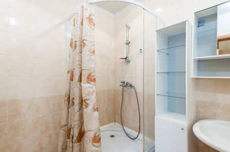 Russia, Moscow- June 11, 2019: interior room apartment. standard repair decoration in hostel. bathroom and toiletのeditorial素材