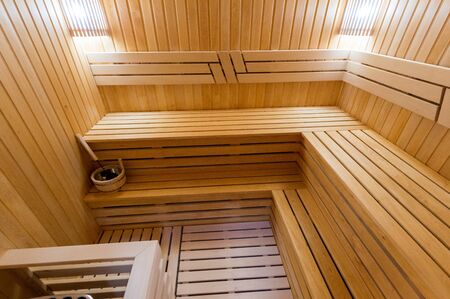 Russia, Moscow- June 12, 2019: interior room apartment. standard repair decoration in hostel. bathhouse, saunaのeditorial素材