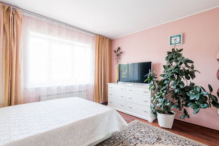 Russia, Moscow- June 12, 2019: interior room apartment. standard repair decoration in hostelのeditorial素材