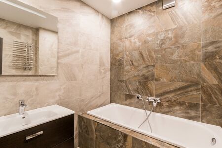 Russia, Moscow- July 02, 2019: interior room apartment. standard repair decoration in hostel. bathroom and toiletのeditorial素材