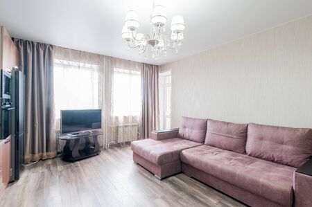 Russia, Moscow- July 06, 2019: interior room apartment. standard repair decoration in hostel. kitchen and dining roomのeditorial素材