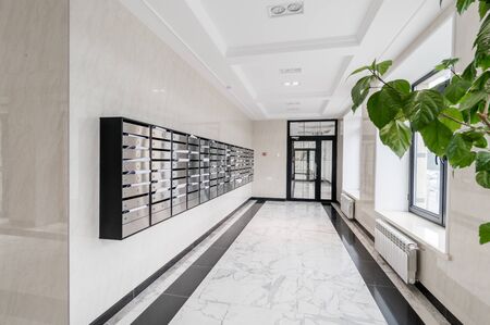 Russia, Moscow- July 06, 2019: interior room apartment. standard repair decoration in hostel. public place, staircaseのeditorial素材