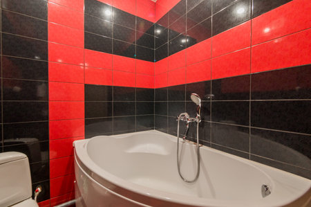 Russia, Moscow- July 06, 2019: interior room apartment. standard repair decoration in hostel. bathroom and toiletのeditorial素材