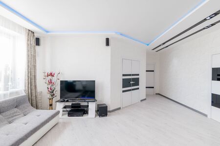 Russia, Moscow- July 05, 2019: interior room apartment. standard repair decoration in hostel. modern small cozy studio in bright colorsのeditorial素材