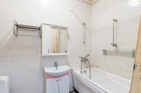 Russia, Moscow- July 06, 2019: interior room apartment. standard repair decoration in hostel. bathroom and toiletのeditorial素材