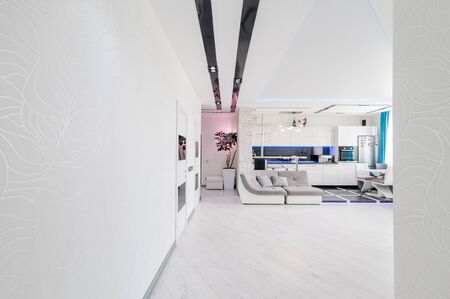 Russia, Moscow- July 05, 2019: interior room apartment. standard repair decoration in hostel. modern small cozy studio in bright colorsのeditorial素材