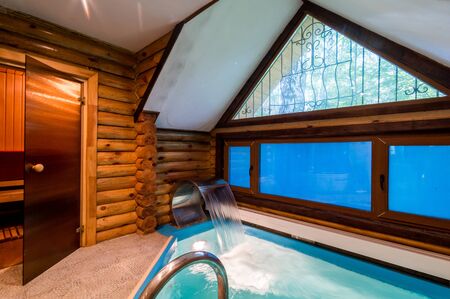 Russia, Moscow- July 06, 2019: interior room apartment. standard repair decoration in hostel. bathhouse, saunaのeditorial素材