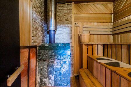 Russia, Moscow- July 06, 2019: interior room apartment. standard repair decoration in hostel. bathhouse, saunaのeditorial素材
