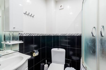 Russia, Moscow- July 06, 2019: interior room apartment. standard repair decoration in hostel. bathroom and toiletのeditorial素材