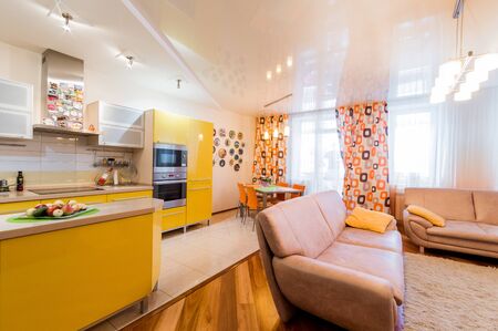 Russia, Moscow- July 08, 2019: interior room apartment. standard repair decoration in hostel. modern kitchen, dining areaのeditorial素材