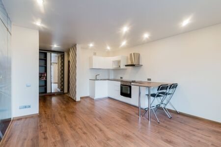 Russia, Moscow- July 16, 2019: interior room apartment. standard repair decoration in hostel. kitchen, dining areaのeditorial素材