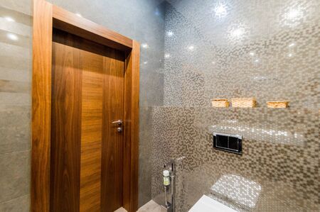 Russia, Moscow- July 21, 2019: interior room apartment. standard repair decoration in hostel. modern bathroom, sink, decoration elements, toiletのeditorial素材