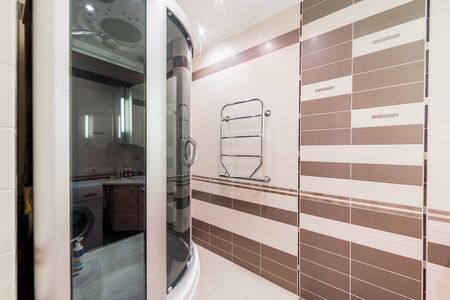 Russia, Moscow- July 23, 2019: interior room apartment. standard repair decoration in hostel. bathroom and toiletのeditorial素材