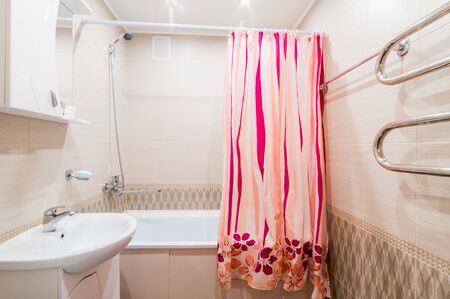 Russia, Moscow- July 16, 2019: interior room apartment. standard repair decoration in hostel. bathroom and toiletのeditorial素材