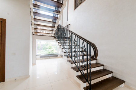 Russia, Moscow- July 21, 2019: interior room apartment. standard repair decoration in hostel. Russia, Moscow- July 21, 2019: interior room apartment stairs, stepsのeditorial素材