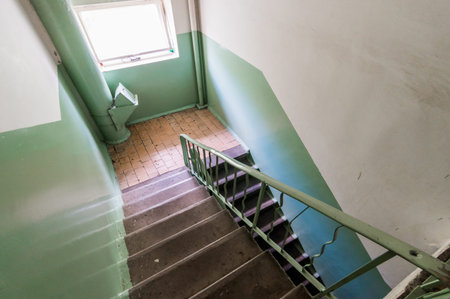 Russia, Moscow- July 16, 2019: interior room apartment. standard repair decoration in hostel. public place, staircaseのeditorial素材