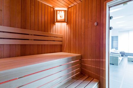 Russia, Moscow- July 21, 2019: interior room apartment. bathhouse, saunaのeditorial素材