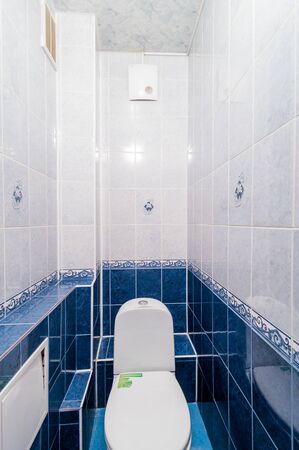 Russia, Moscow- July 16, 2019: interior room apartment. standard repair decoration in hostel. bathroom and toiletのeditorial素材