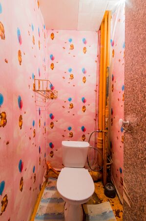 Russia, Moscow- July 23, 2019: interior room apartment. standard repair decoration in hostel. bathroom and toiletのeditorial素材