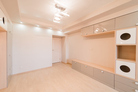 Russia, Omsk- August 02, 2019: interior room apartment. standard repair decoration in hostel. bright...