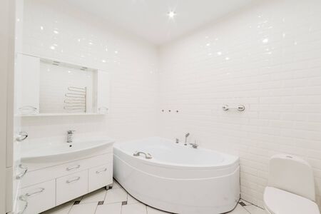 Russia, Moscow- August 05, 2019: interior room apartment modern bright cozy atmosphere. general cleaning, home decoration, preparation of the house for sale. modern bathroom, sink, decoration elements, toiletのeditorial素材