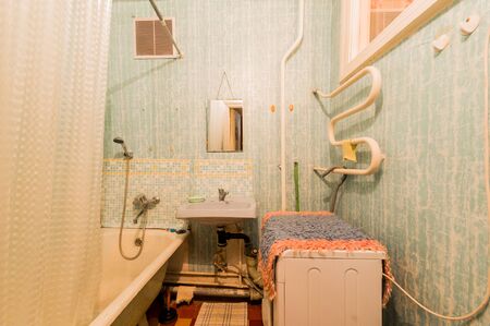 Russia, Omsk- August 05, 2019: interior room apartment. standard repair decoration in hostel. bathroom and toiletのeditorial素材