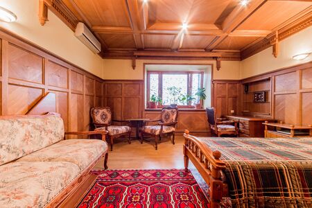 Russia, Moscow- August 05, 2019: interior room apartment modern bright cozy atmosphere. general cleaning, home decoration, preparation of house for sale. bedroom with bedのeditorial素材